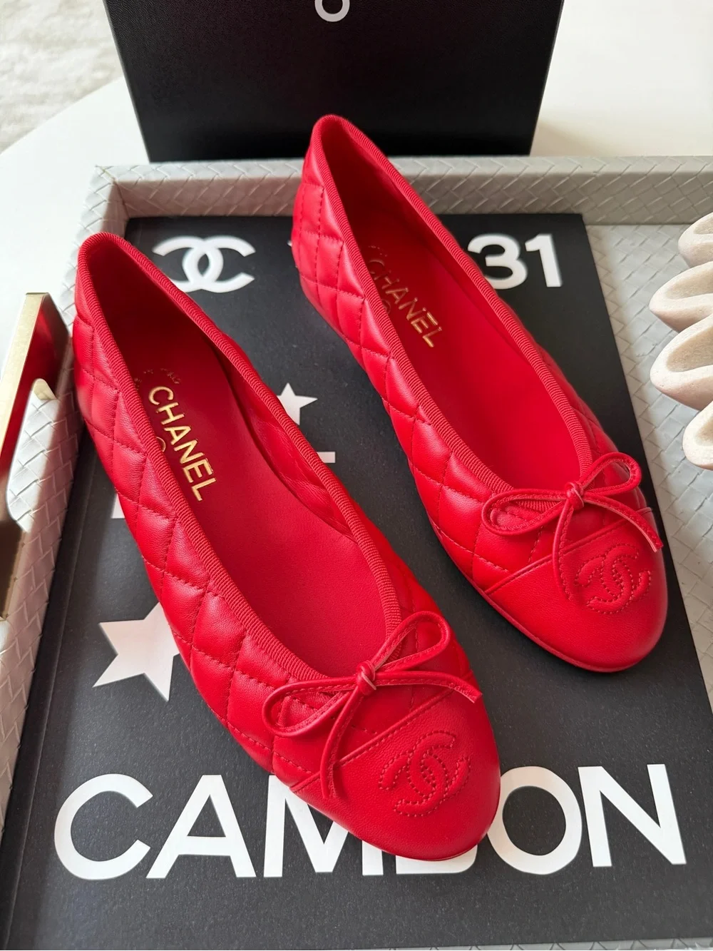 Chanel 26B Blazy Leather Quilted Red Agneau Rouge CC Logo Ballet Flats 38.5